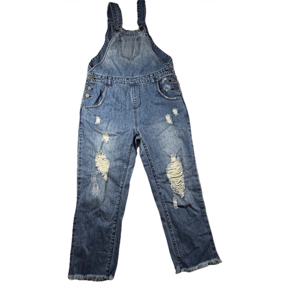 Mustard Seed Denim - Womens Distressed Denim Overalls Ripped Blue Jeans Bib Jumpsuit Small